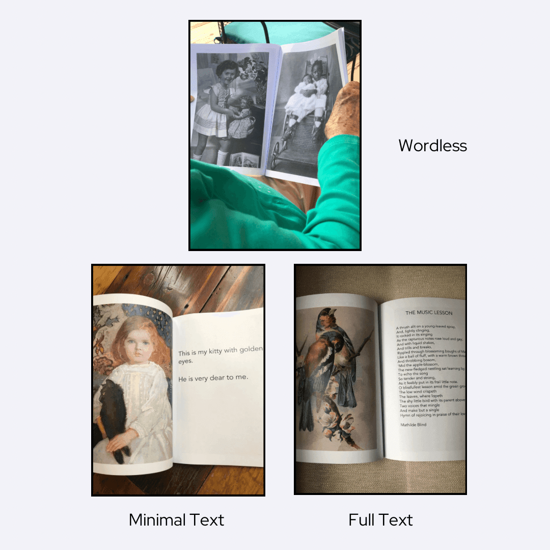 This image is of three versions of NANA’S BOOKS which come in wordless, minimal text and full text versions. Each book supports psychosocial health, wellbeing and cognitive engagement. A woman in a teal sweatshirt is looking through an era-spanning picture book of young girls  and their dolls.